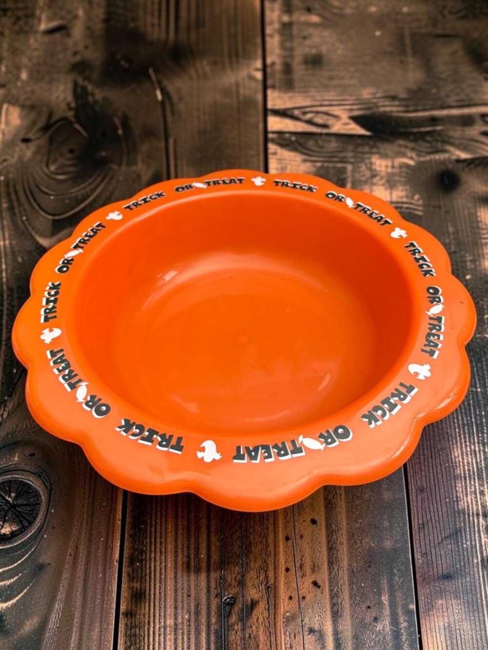 Vintage Orange Plastic Scalloped Halloween Trick-Or-Treat Bowl With Ghost & Cand